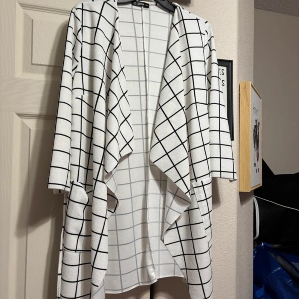 SHEIN White Grid Open-Front Draped Cardigan